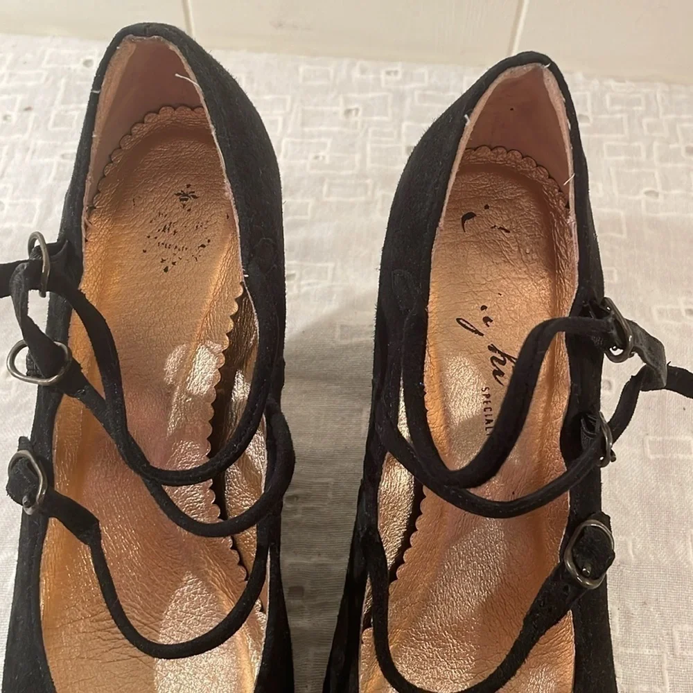 Miss Albright by Anthropology Niza Black Wedge Mary Jane 3 Strap Shoes